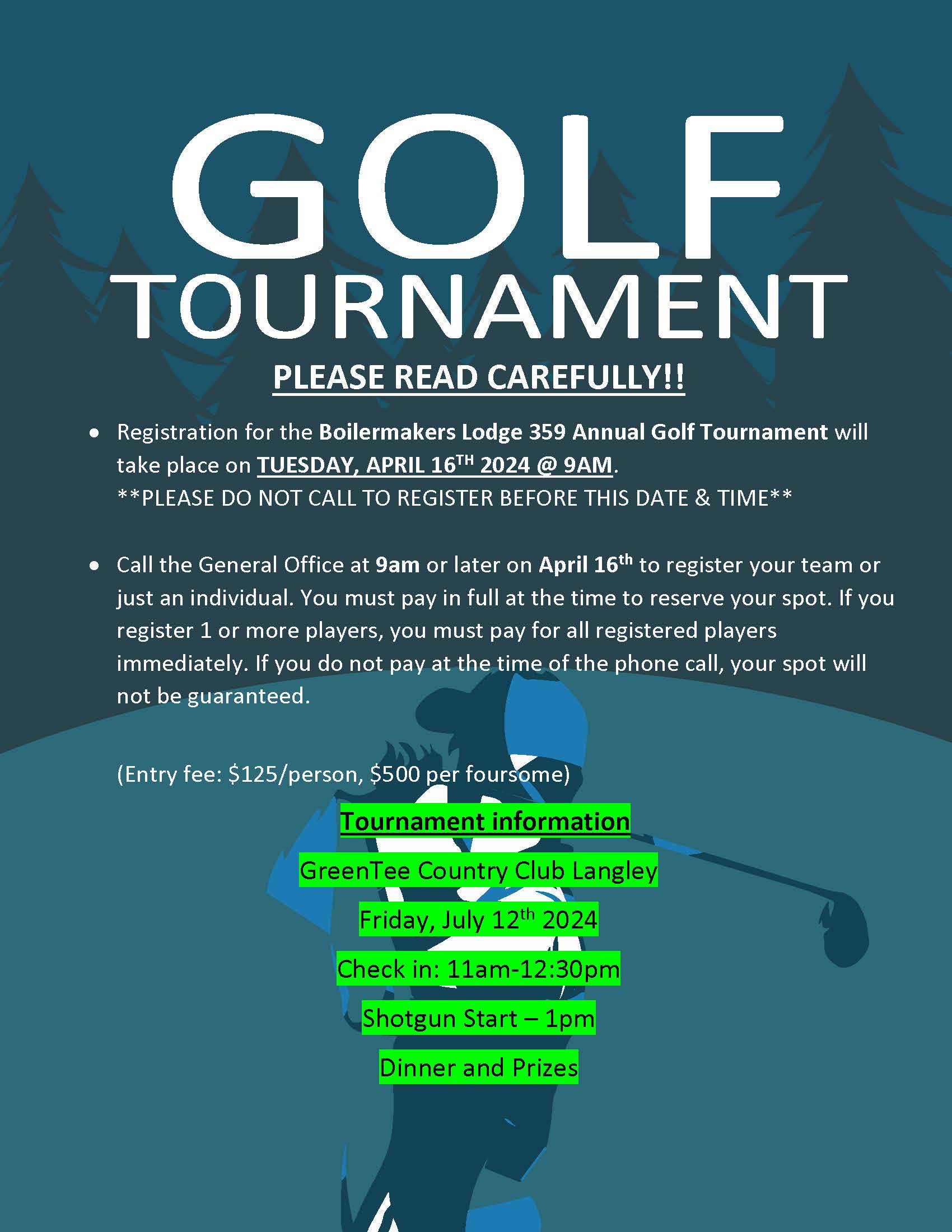 Annual 2024 Boilermakers Lodge 359 Golf Tournament Registration